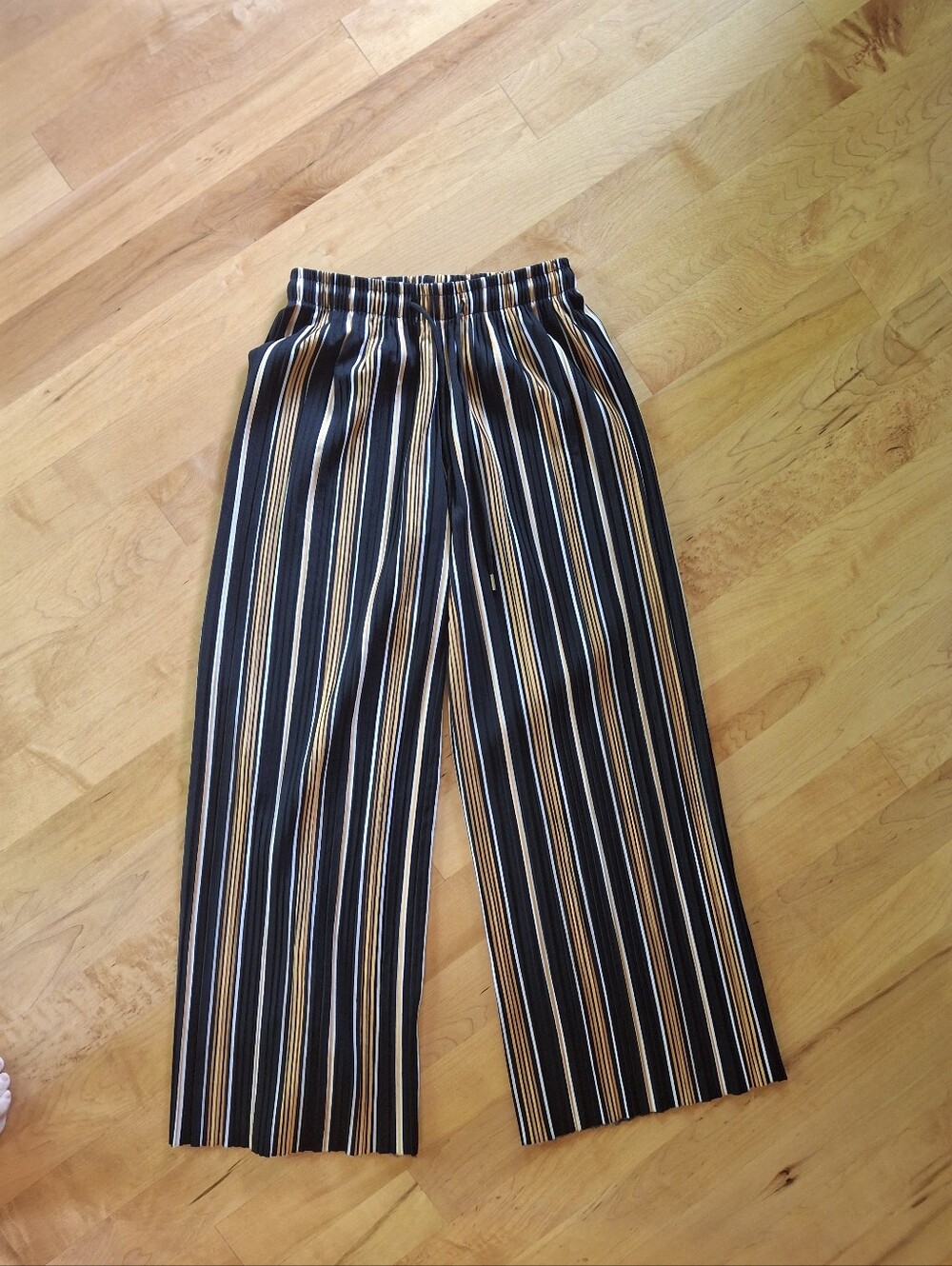 Striped Wide-Leg Pants with Elastic Waist - Black, Tan & White
